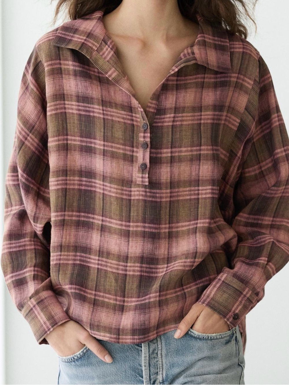 Massimo Dutti Rose and Brown Plaid Button-Down Shirt
